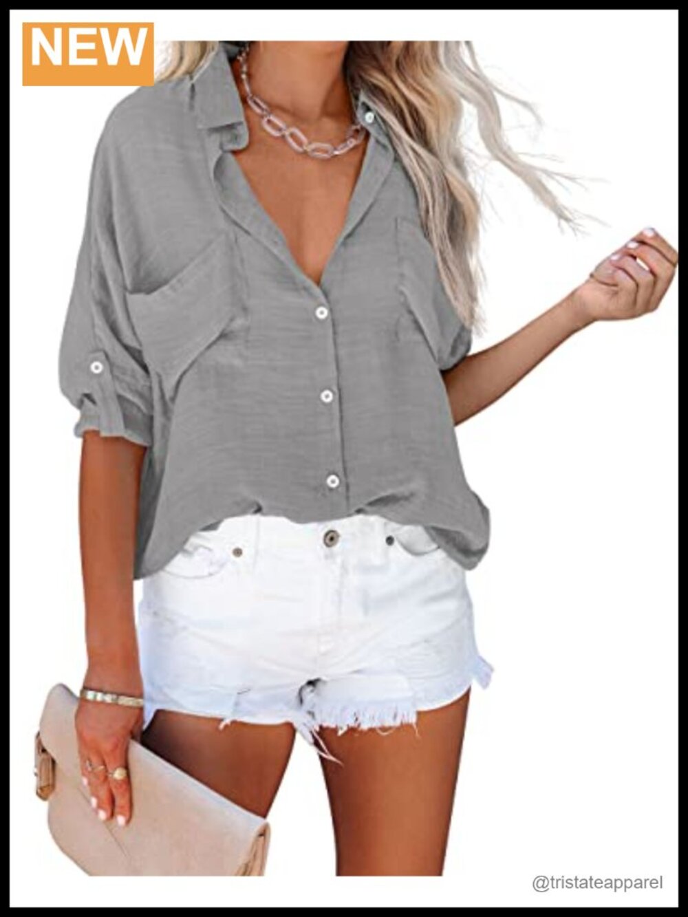 Womens V Neck Button Down Shirt Long Roll Up Sleeve Loose Blouse Top